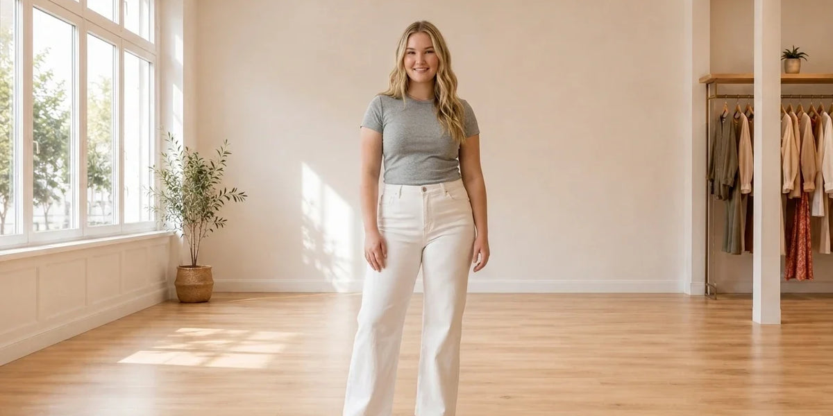 Model wearing Teen XX-Large Bottoms (Young Women's) Women's Wide-Leg Tummy-Control Jeans in Online Warehouse Sale boutique studio