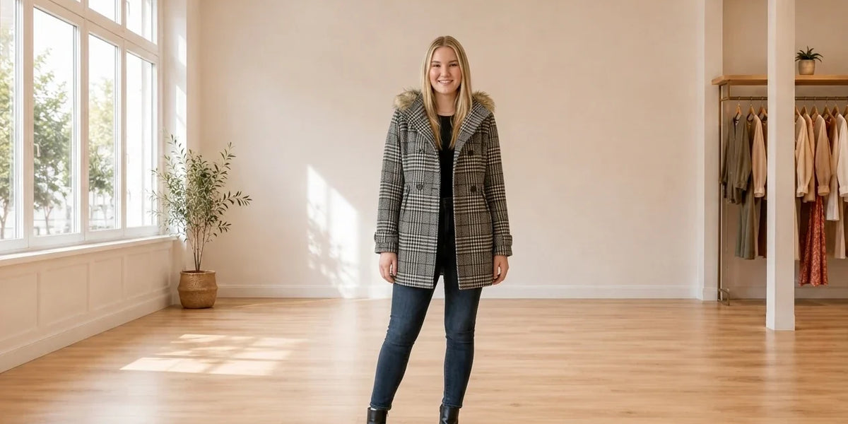 Model wearing Teen XX-Large Coats, Jackets and Blazers Teen Faux-Fur Trim Plaid Coat (Young Women's Fit) in Online Warehouse Sale boutique studio