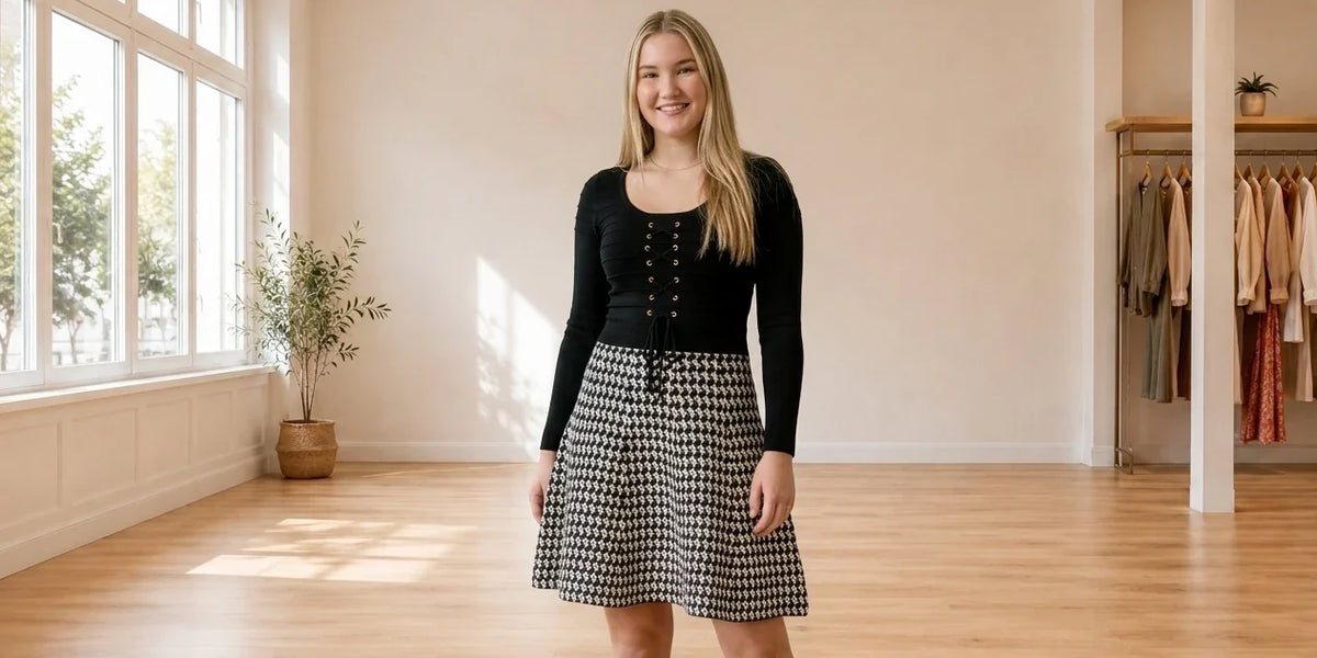 Model wearing Teen XX-Large Dresses Teen Lace-Up Printed Fit & Flare Sweater Dress (Young Women's Fit) in Online Warehouse Sale boutique studio