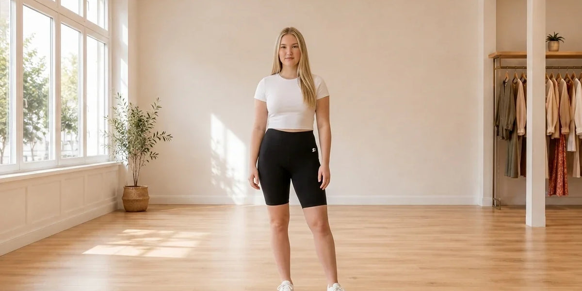 Model wearing Teen XX-Large Shorts Teen High-Rise Biker Shorts (Young Women's Fit) in Online Warehouse Sale boutique studio