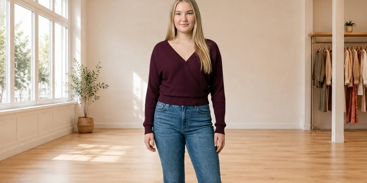 Model wearing Teen XX-Large Sweaters and Cardigans Teen Double V-Neck Sweater (Young Women's Fit) in Online Warehouse Sale boutique studio