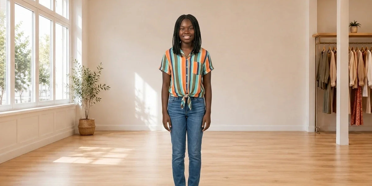 Model wearing Teen XX-Small Blouses Teen Striped Tie-Front Camp Shirt (Young Women's Fit) in Online Warehouse Sale boutique studio