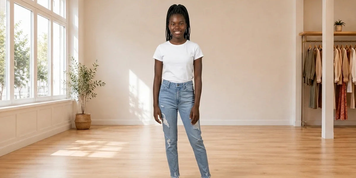 Model wearing Teen XX-Small Bottoms (Young Women's) Teen High Rise Distressed Mom Jeans in Online Warehouse Sale boutique studio