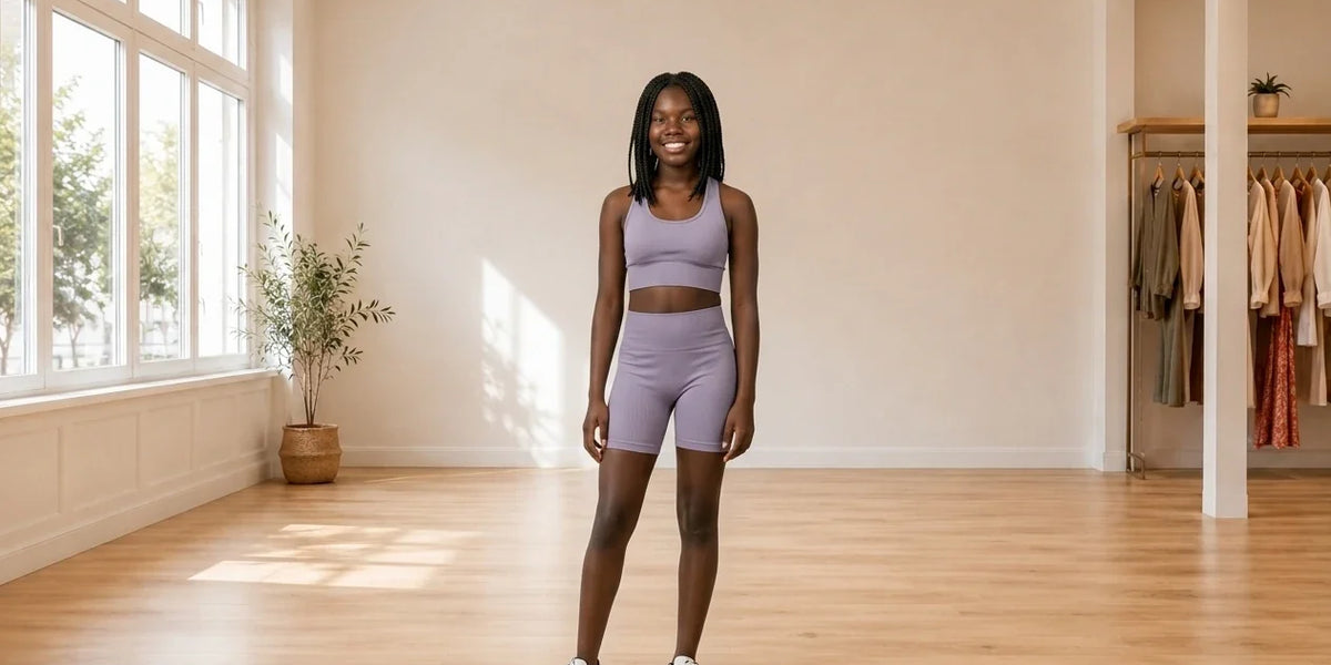 Model wearing Teen XX-Small Bras seamless sports bra and matching shorts in Online Warehouse Sale boutique studio