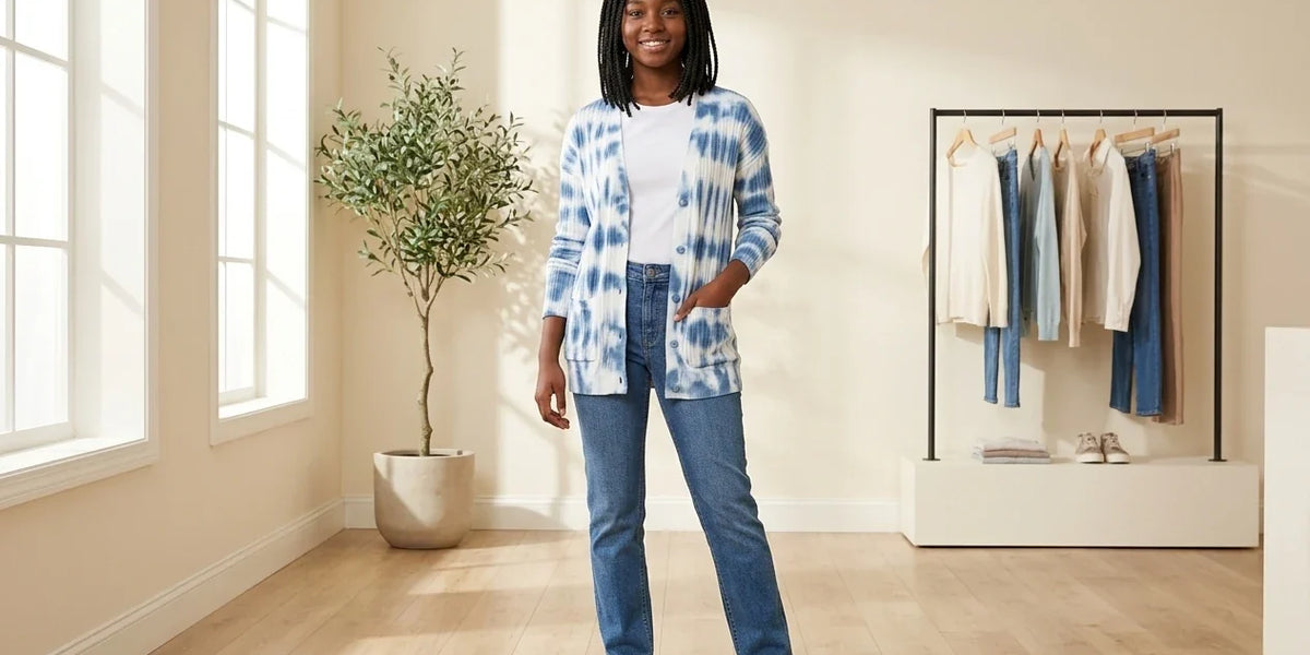 Model wearing Teen XX-Small Cardigans Teen Tie-Dyed Cardigan (Young Women's Fit) in Online Warehouse Sale boutique studio