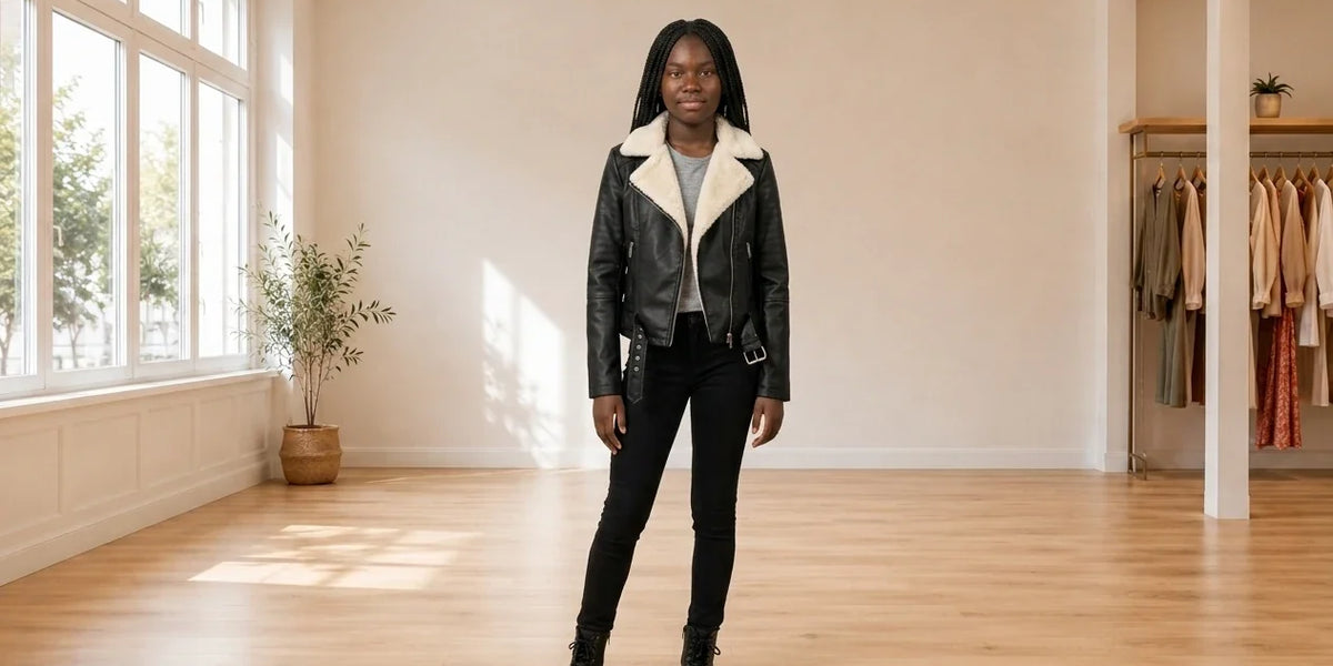 Model wearing Teen XX-Small Coats, Jackets and Blazers Teen Faux-Fur-Collar Moto Jacket (Young Women's Fit) in Online Warehouse Sale boutique studio