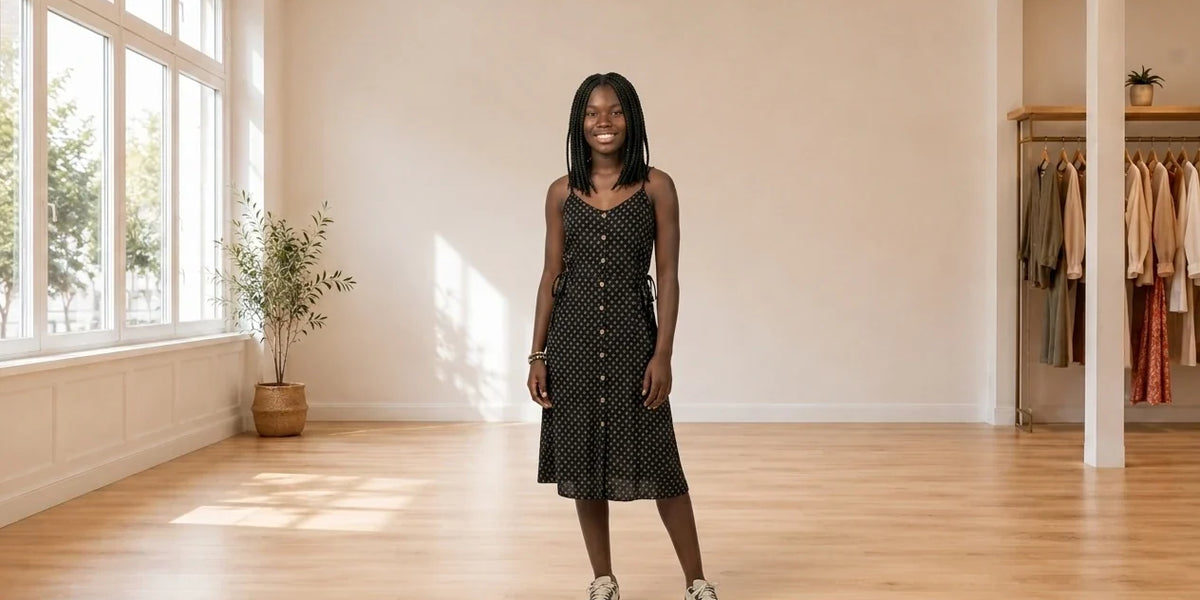 Model wearing Teen XX-Small Dresses Teen Wild Ties Cotton Printed Midi Dress (Young Women's Fit) in Online Warehouse Sale boutique studio