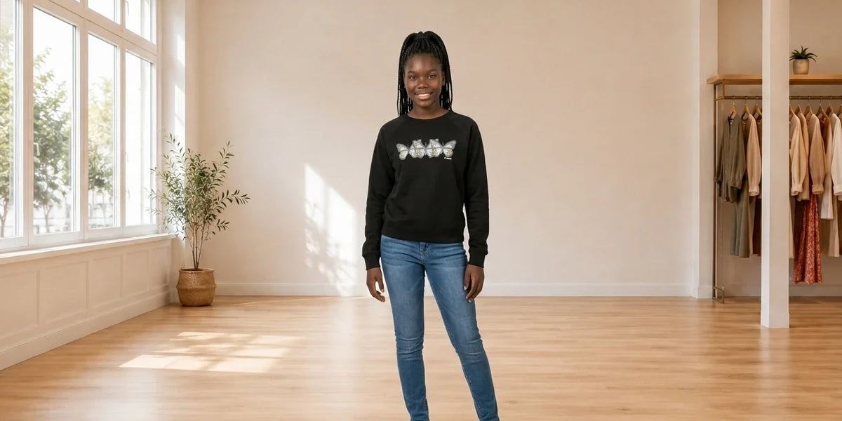 Model wearing Teen XX-Small Hoodies and Sweatshirts (Young Women's) Teen Seaspray Printed Sweatshirt in Online Warehouse Sale boutique studio