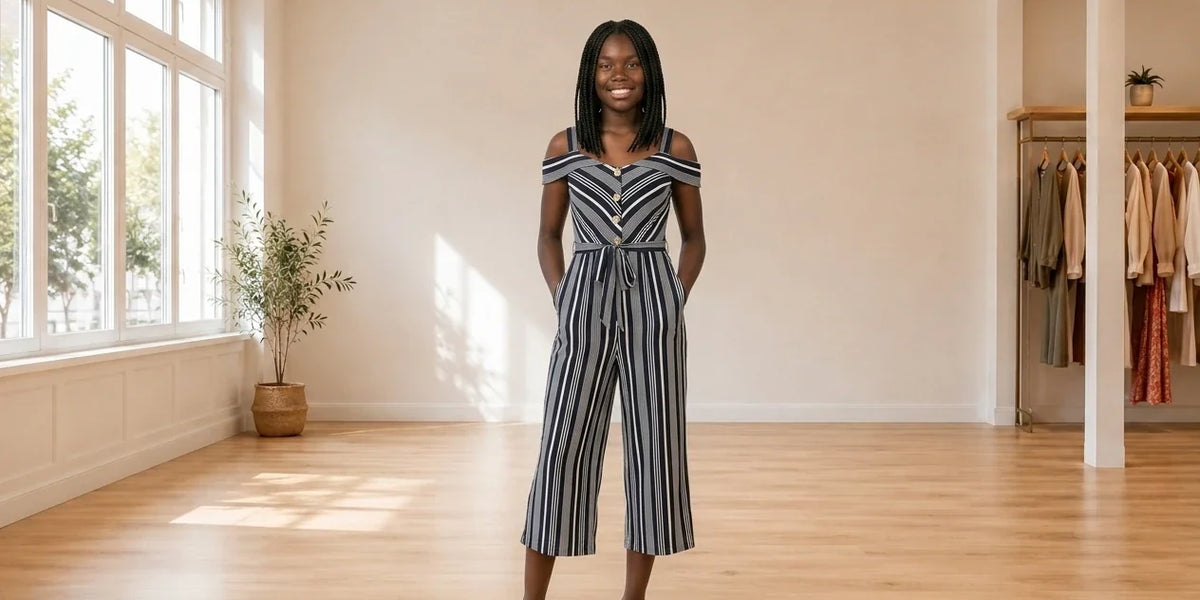 Model wearing Teen XX-Small Jumpsuits and Rompers Teen Striped Off-The-Shoulder Jumpsuit (Young Women's Fit) in Online Warehouse Sale boutique studio