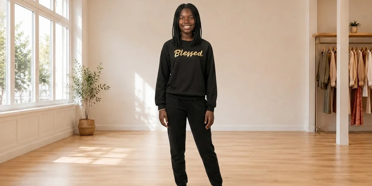 Model wearing Teen XX-Small Loungewear and Pajamas Teen Metallic Blessed Graphic Sweatshirt (Young Women's Fit) in Online Warehouse Sale boutique studio