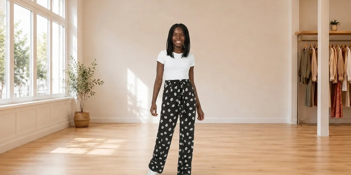 Model wearing Teen XX-Small Pants Teen Printed Tie-Waist Pants (Young Women's Fit) in Online Warehouse Sale boutique studio