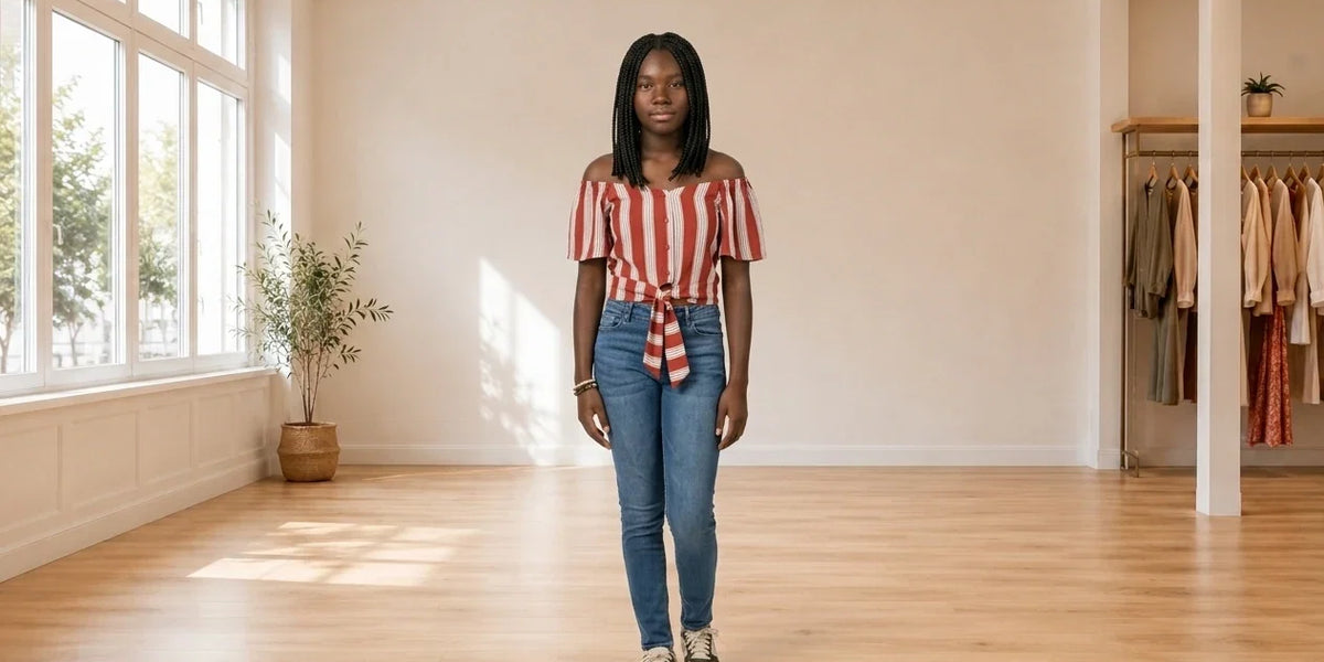 Model wearing Teen XX-Small Shirts and Blouses Teen Tie-Front Prairie Blouse (Young Women's Fit) in Online Warehouse Sale boutique studio