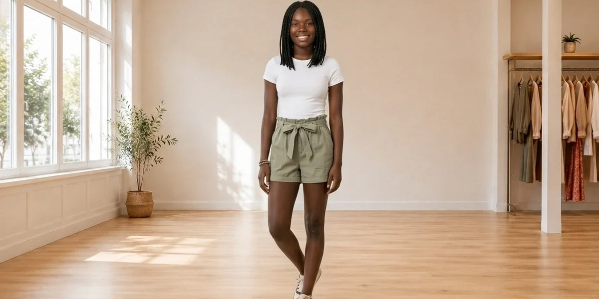 Model wearing Teen XX-Small Shorts Teen Cotton Paperbag Soft Shorts (Young Women's Fit) in Online Warehouse Sale boutique studio