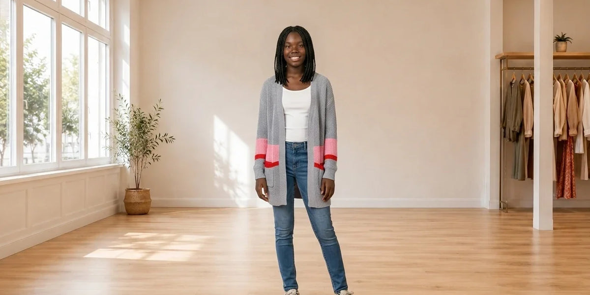 Model wearing Teen XX-Small Sweaters and Cardigans Teen Colorblocked Long Cardigan (Young Women's Fit) in Online Warehouse Sale boutique studio