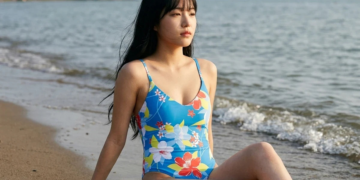 Bright blue one-piece swimsuit featuring large red and white tropical flowers, worn on a beach.