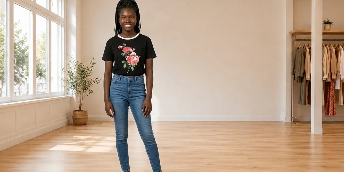 Model wearing Teen XX-Small Tops (Young Women's) Teen Cotton Rose Graphic T-Shirt in Online Warehouse Sale boutique studio