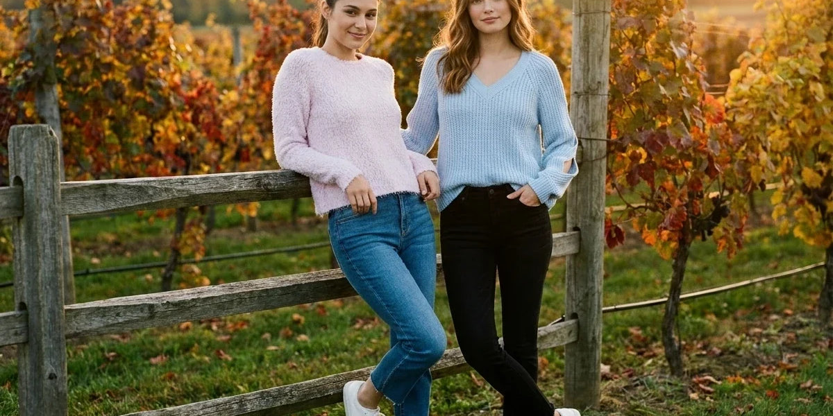 Two women standing outdoors in a vineyard at sunset, wearing knit sweaters and jeans. One wears a light pink sweater with blue jeans and white sneakers, and the other wears a light blue sweater with black jeans and white sneakers.