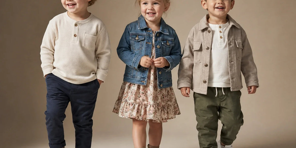 Three smiling toddlers walking together showcasing stylish fall outfits against a neutral studio backdrop.