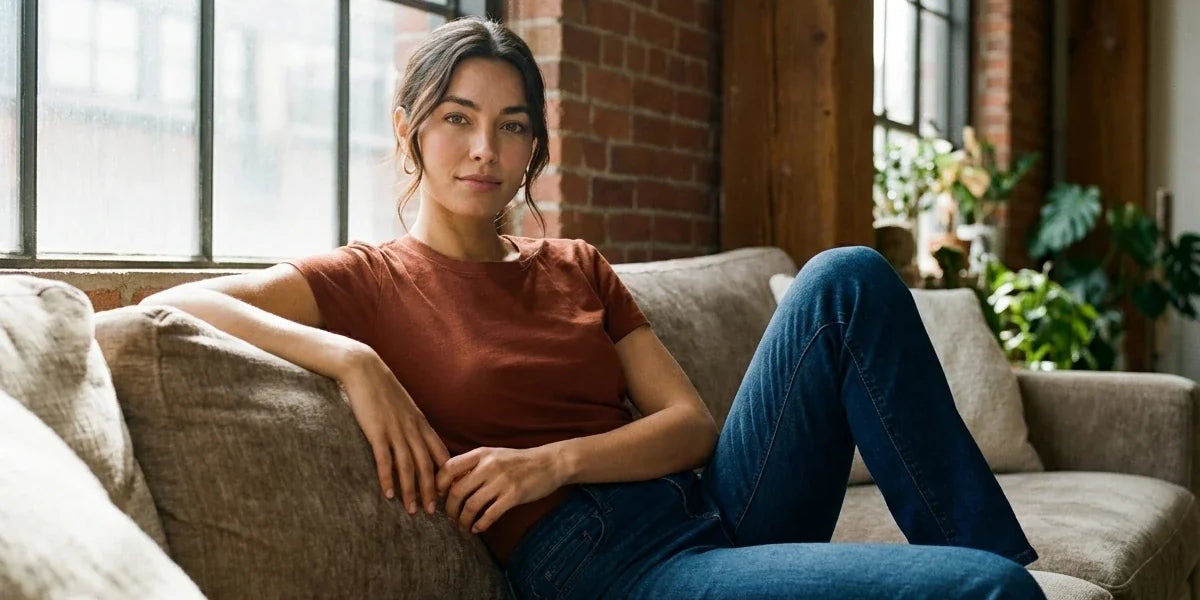 A woman sits on a beige couch in a loft-style room with brick walls and large windows, wearing a rust-brown short-sleeve t-shirt and blue jeans.