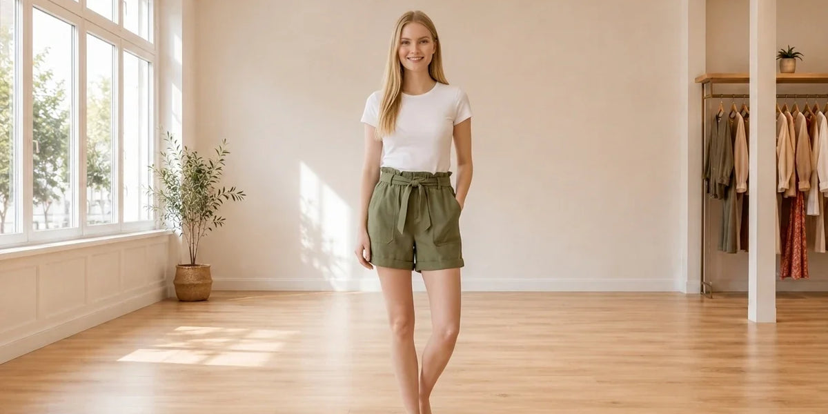 Model wearing Women's Large Shorts Women's Paperbag-Waist Shorts in Online Warehouse Sale boutique studio
