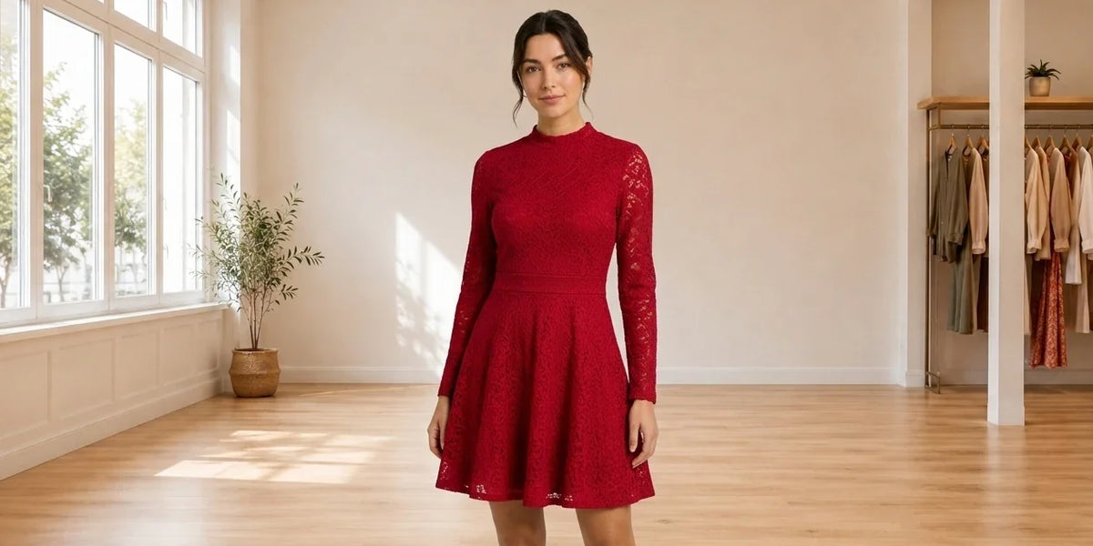 Model wearing Women's Medium Dresses Women's Holiday Long Sleeve Party Dress in Online Warehouse Sale boutique studio
