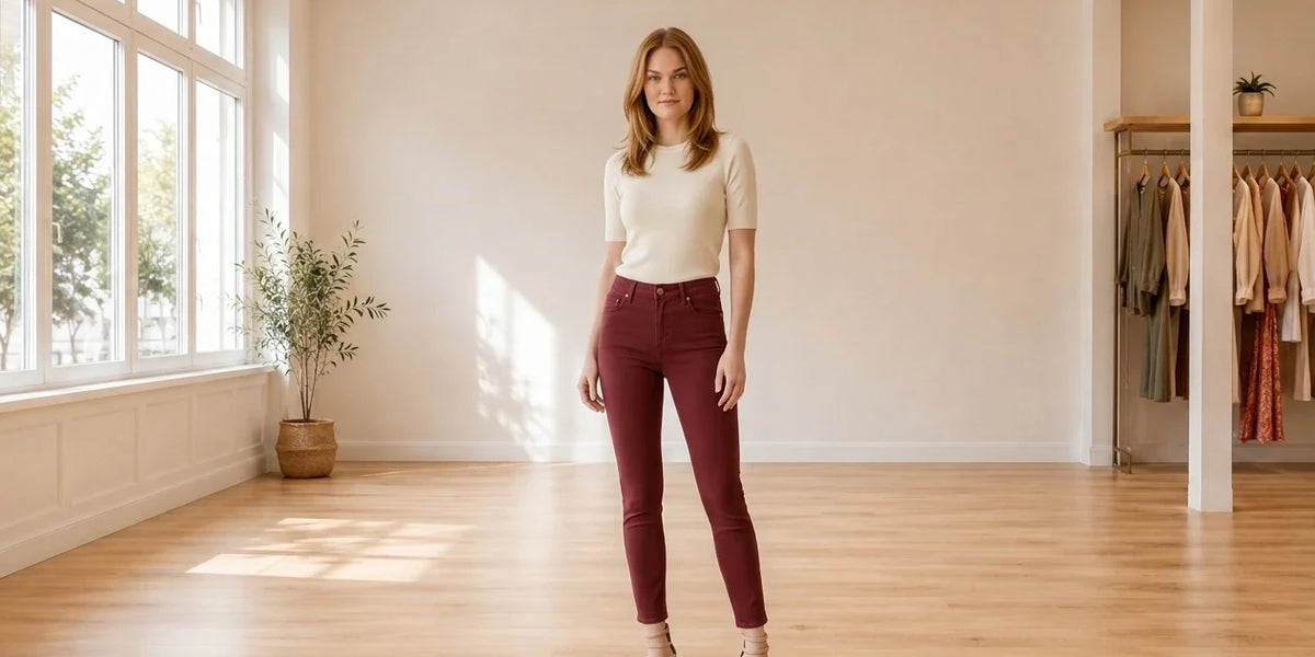 Model wearing Women's Medium Jeans Women's Ellie High-Rise Skinny Jeans in Online Warehouse Sale boutique studio