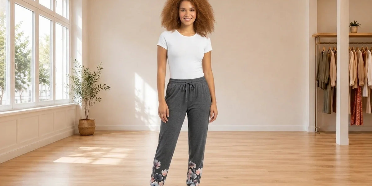 Model wearing Women's Medium Loungewear and Pajamas Women's Contrast-Print Jogger Pajama Pants in Online Warehouse Sale boutique studio