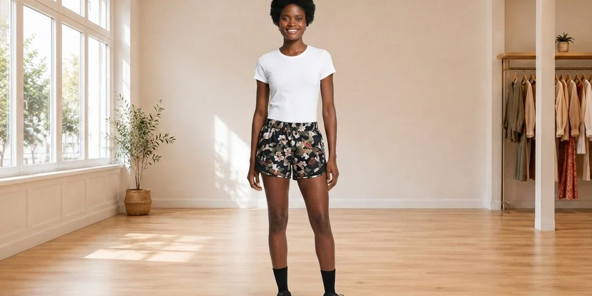 Model wearing Women's Medium Shorts Women's Fly by 2.0 Printed Running Shorts in Online Warehouse Sale boutique studio
