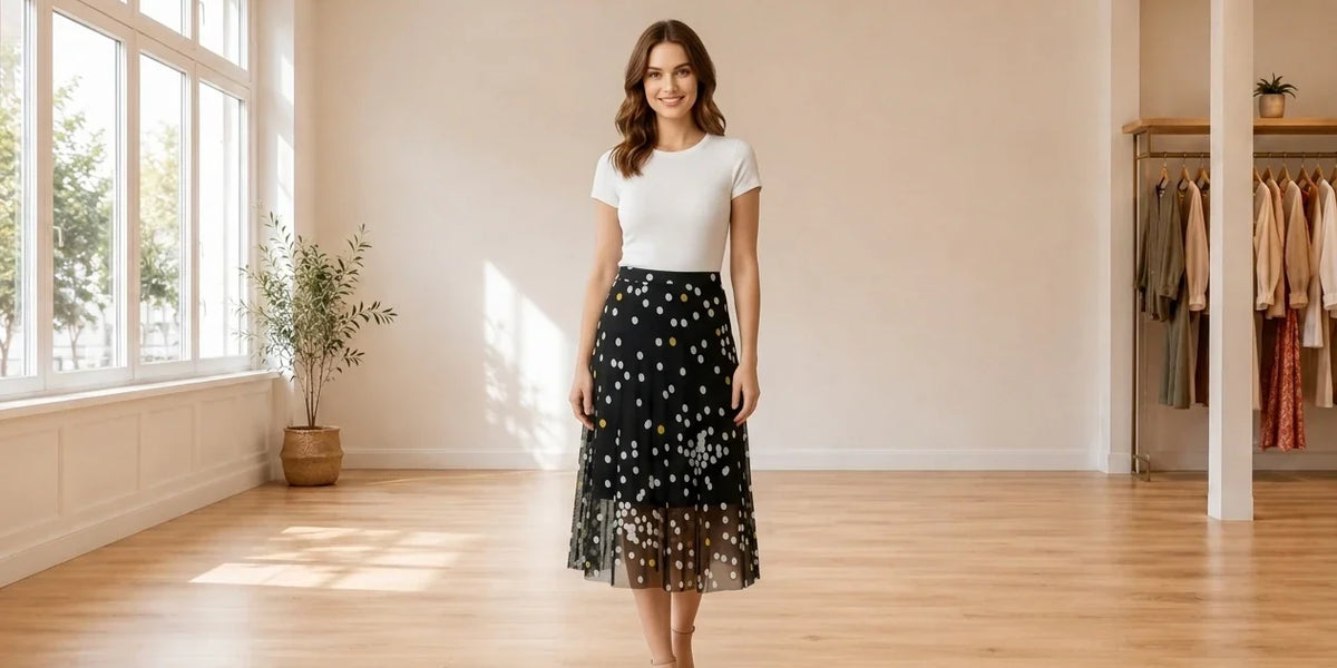 Model wearing Women's Medium Skirts Women's Printed Chiffon Skirt in Online Warehouse Sale boutique studio