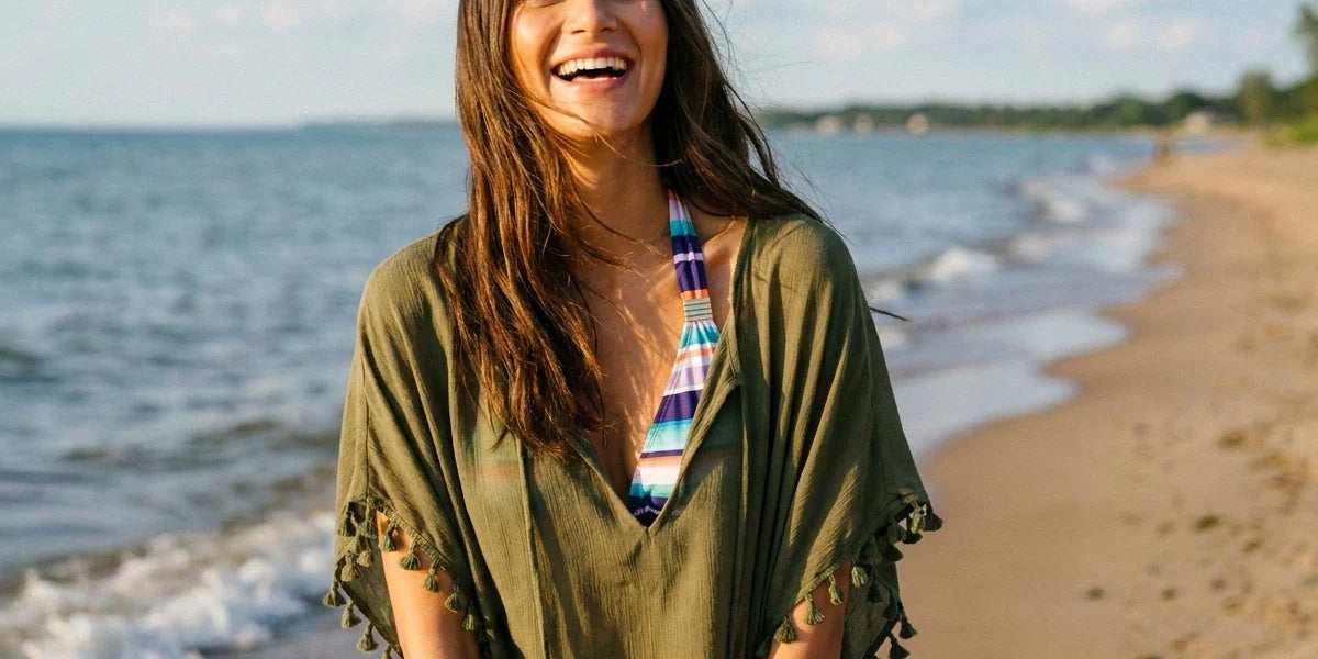 A woman smiling on a beach wearing an olive green bohemian tunic cover-up over a colorful striped bikini top, with the ocean and sandy shore in the background.
