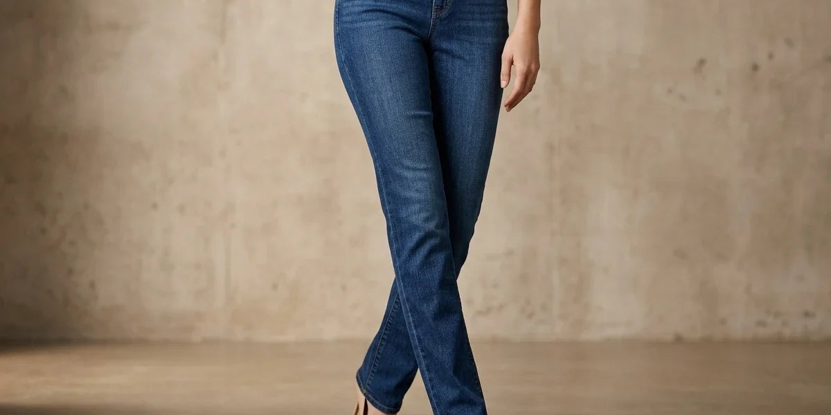 A model wearing a pair of dark blue straight-leg jeans, styled with a white top and beige heels, standing against a textured concrete wall.