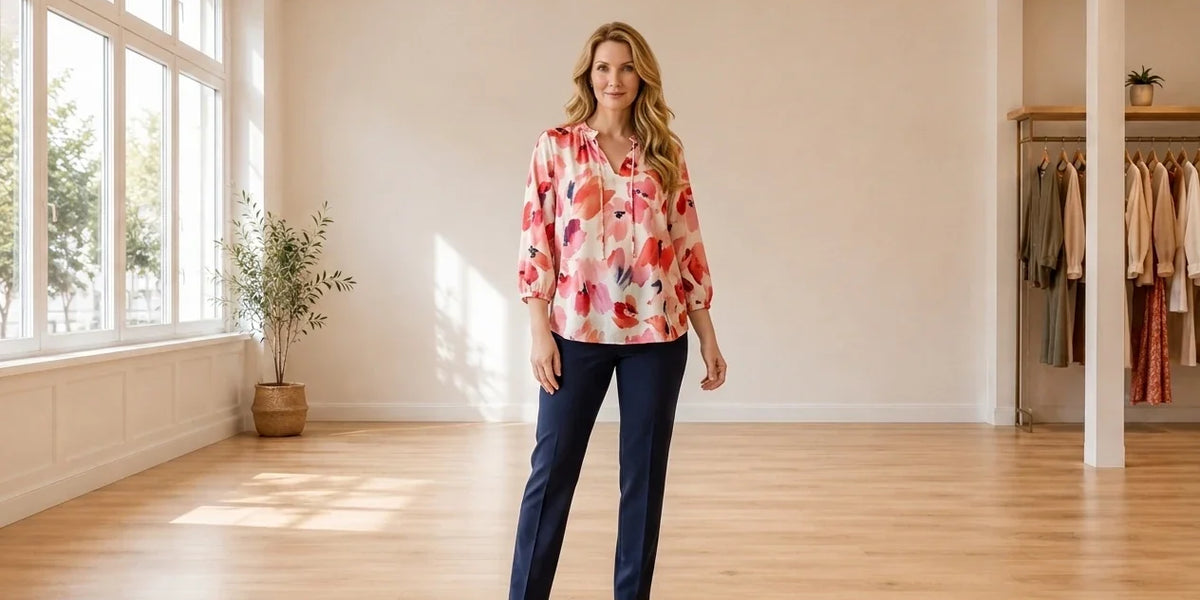 Model wearing Women's Petite Large Blouses Women's Petite Printed Blouse in Online Warehouse Sale boutique studio