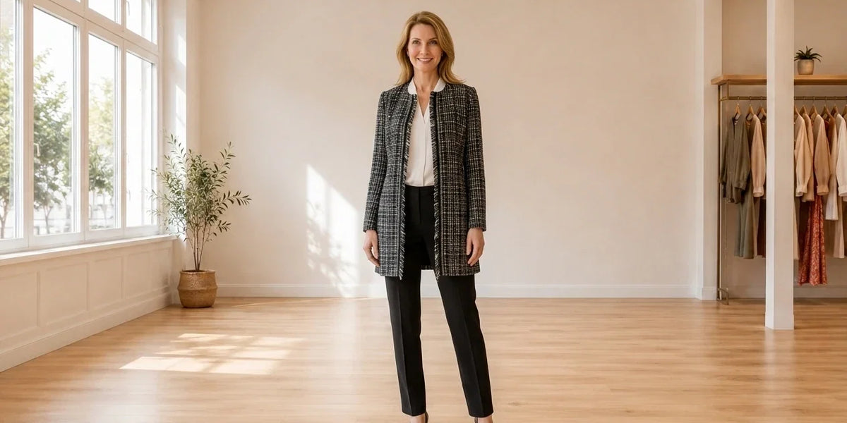 Model wearing Women's Petite Large Coats, Jackets and Blazers Women's Petite Fringe-Trim Topper Jacket in Online Warehouse Sale boutique studio