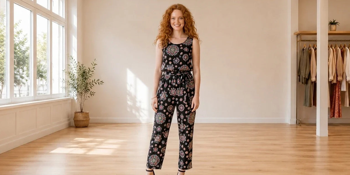 Model wearing Women's Petite Medium Jumpsuits and Rompers Women's Petite Printed Jumpsuit in Online Warehouse Sale boutique studio