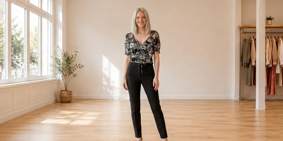 Model wearing Women's Petite Medium Tops Women's Petite V-Neck Ruched-Front Top in Online Warehouse Sale boutique studio