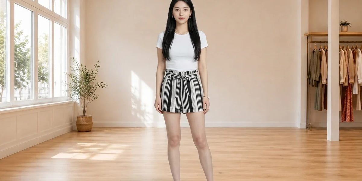 Model wearing Women's Petite Small Shorts Women's Petite Striped Paper Bag Tie-Front Shorts in Online Warehouse Sale boutique studio