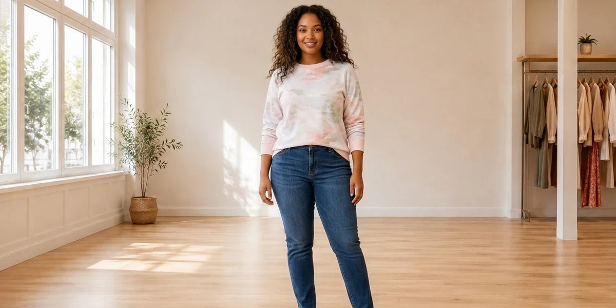 Model wearing Women's Petite X-Large Hoodies and Sweatshirts Women's Petite Dot Camo Crewneck Sweatshirt in Online Warehouse Sale boutique studio