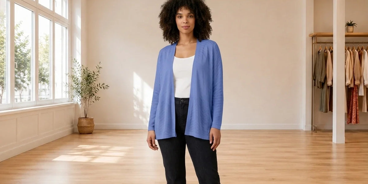 Model wearing Women's Petite X-Large Sweaters and Cardigans Women's Petite Geo-Stitch Completer Open-Front Sweater in Online Warehouse Sale boutique studio