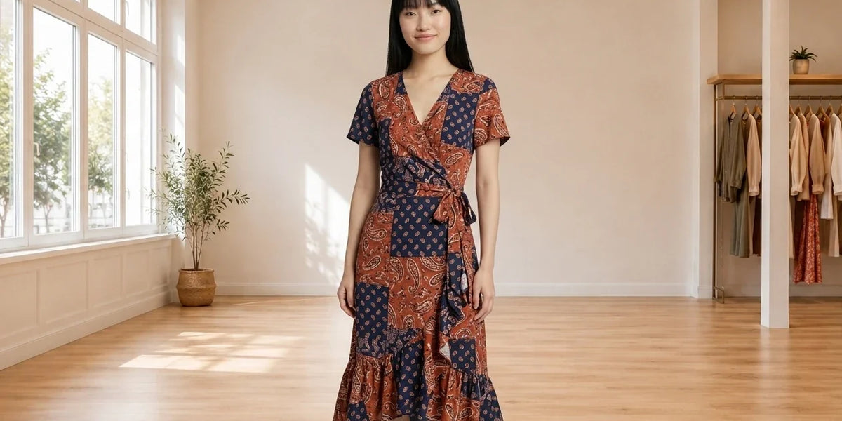 Model wearing Women's Petite X-Small Dresses Women's Petite Patchwork Wrap Midi Dress in Online Warehouse Sale boutique studio
