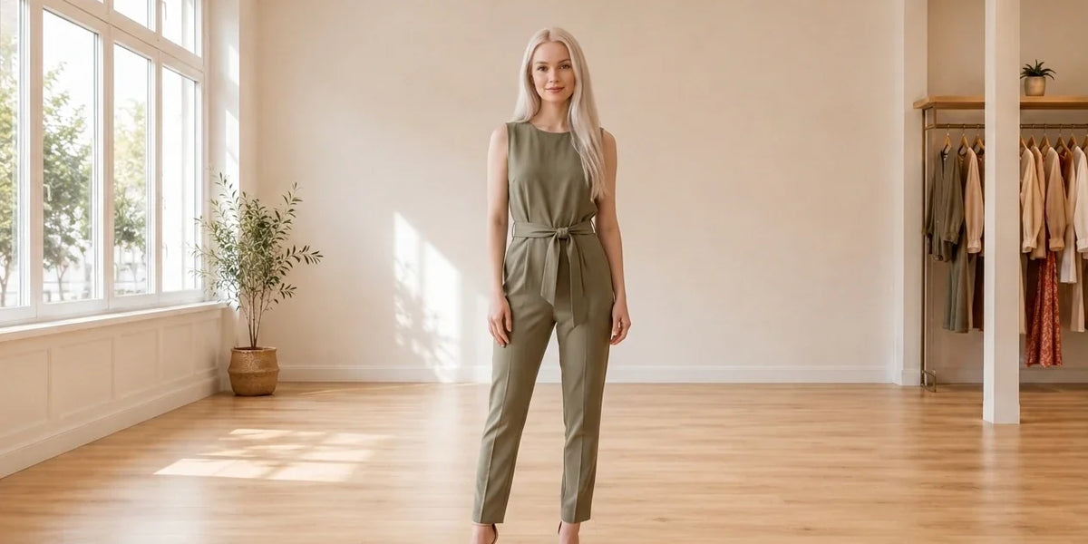 Model wearing Women's Petite X-Small Jumpsuits and Rompers Women's Petite Size Belted Jumpsuit in Online Warehouse Sale boutique studio