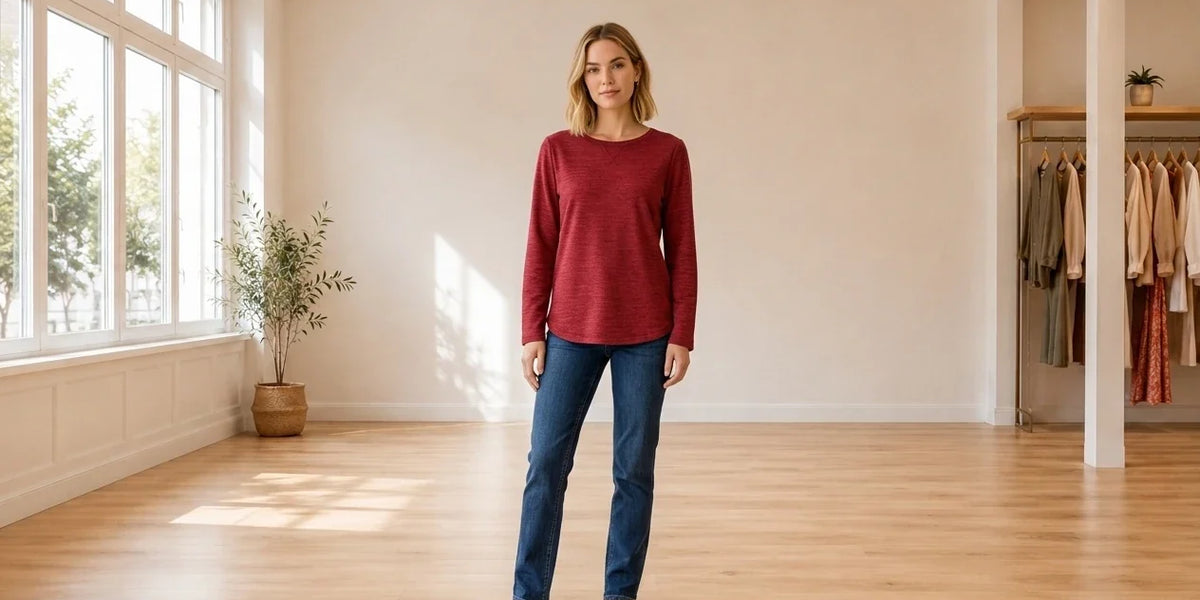 Model wearing Women's Petite XX-Small Hoodies and Sweatshirts Women's Petite Marled Sweatshirt in Online Warehouse Sale boutique studio