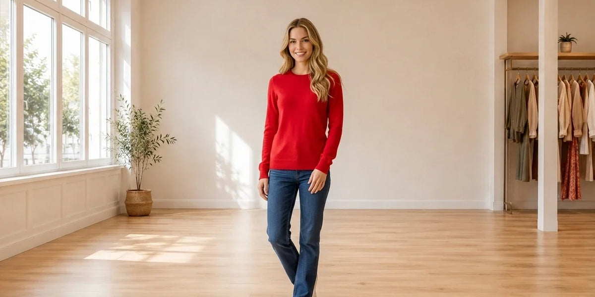 Model wearing Women's Petite XX-Small Sweaters and Cardigans Women's Petite Crew-Neck Cashmere Sweater in Online Warehouse Sale boutique studio