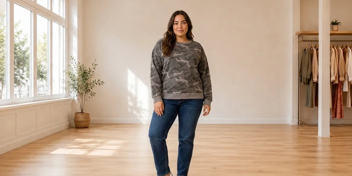 Model wearing Women's Plus 0X Hoodies and Sweatshirts Women's Plus Black Tape Camo-Print Sweatshirt in Online Warehouse Sale boutique studio