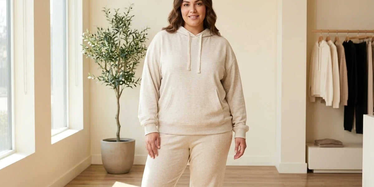 Model wearing Women's Plus 0X Loungewear and Pajamas Women's Plus Black Tape Oversized Hoodie in Online Warehouse Sale boutique studio