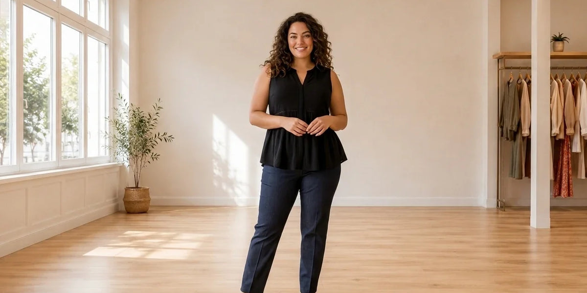 Model wearing Women's Plus 0X Shirts and Blouses Women's Plus Sleeveless Peplum Top in Online Warehouse Sale boutique studio