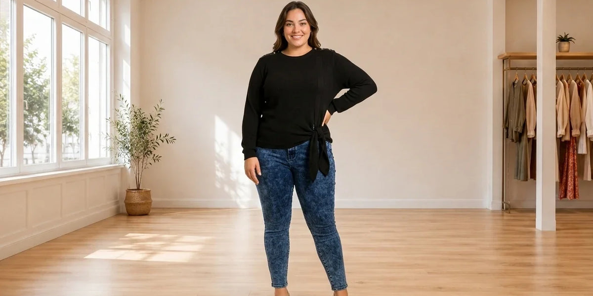 Model wearing Women's Plus 0X Sweaters and Cardigans Women's Plus Trendy Royal Sweater in Online Warehouse Sale boutique studio