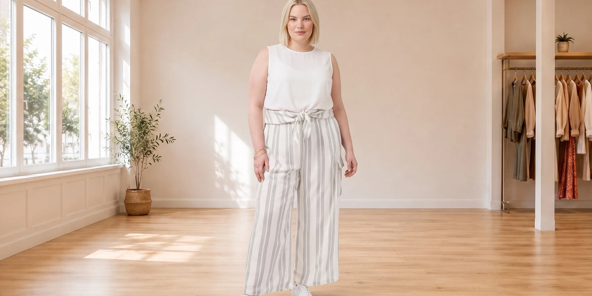 A woman stands in a bright, minimalist studio with wood floors and large windows, wearing a white short-sleeve t-shirt, blue denim shorts, and white sneakers.