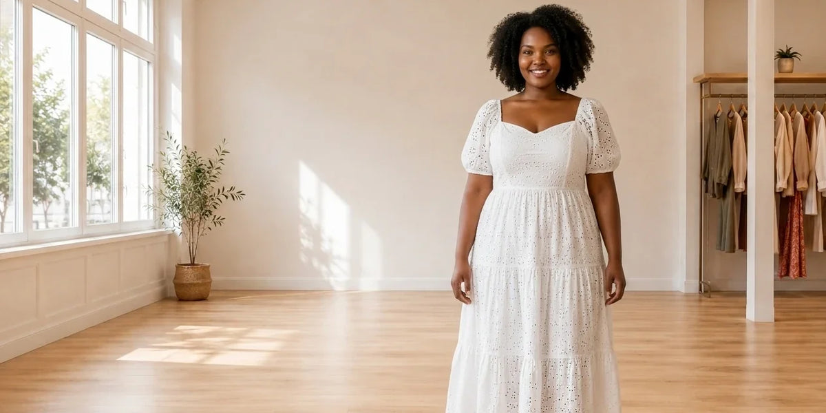 Model wearing Women's Plus 1X Dresses Women's Plus Eyelet Midi Dress in Online Warehouse Sale boutique studio