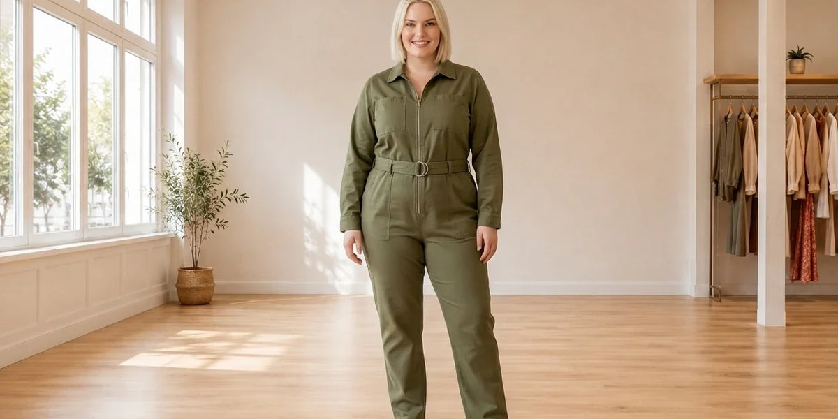 Model wearing Women's Plus 1X Jumpsuits and Rompers Women's Plus Boiler Suit Jumpsuit in Online Warehouse Sale boutique studio