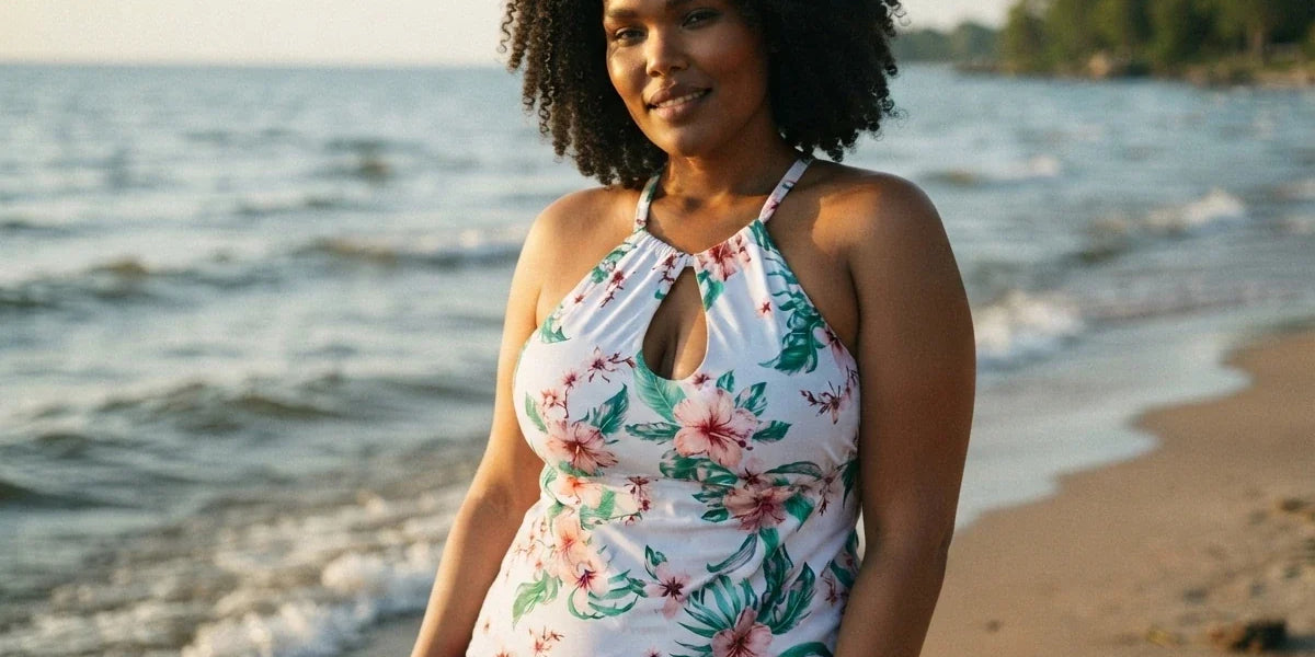 A woman stands in a bright, modern boutique fitting room wearing a sleeveless tank top with a colorful abstract floral pattern and black shorts.